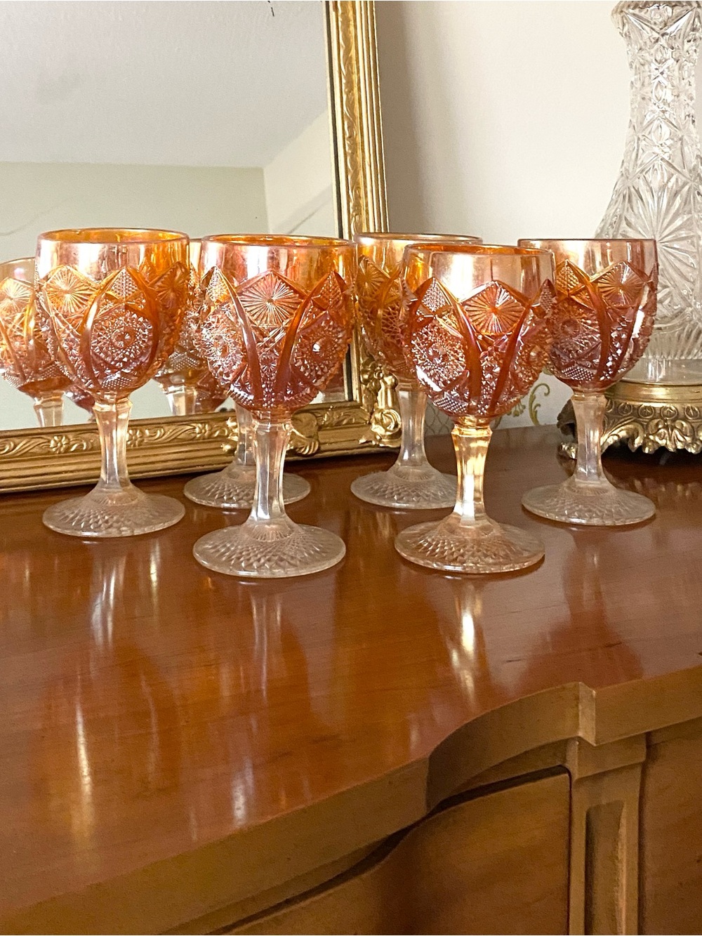 Antique Imperial Glass Set of 6 Orange Hobstar Marigold Carnival Glass Goblets
